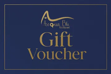 The Acqua Blu gift voucher: the restaurant's wave lockup and the words Gift Voucher, in gold on a navy card inside a thin gold rule