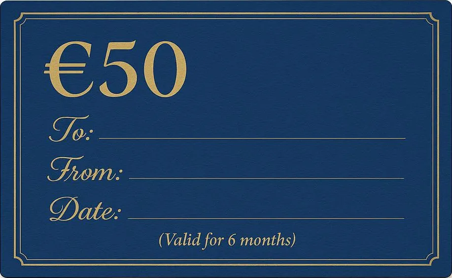 The value side of the voucher: €50 in gold, with ruled lines for To, From and Date, and the note that it is valid for six months.