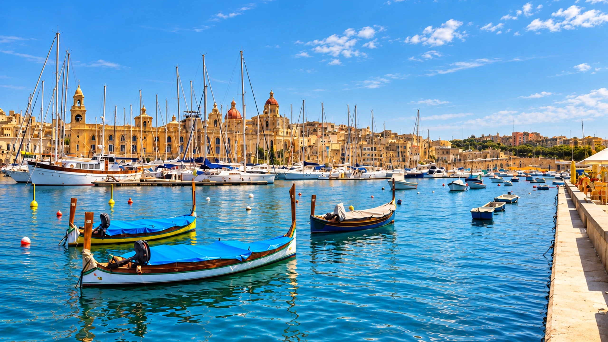 Traditional Maltese luzzu boats moored in the Grand Harbour, the honey-coloured buildings and church domes of the Three Cities behind them